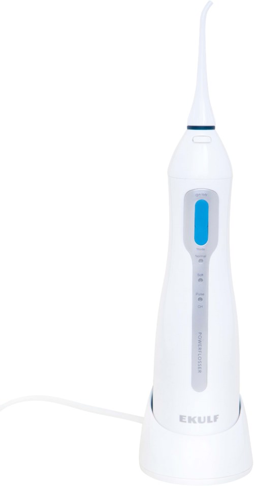 An electric toothbrush with a white body and a blue water level indicator, standing on a charging base.