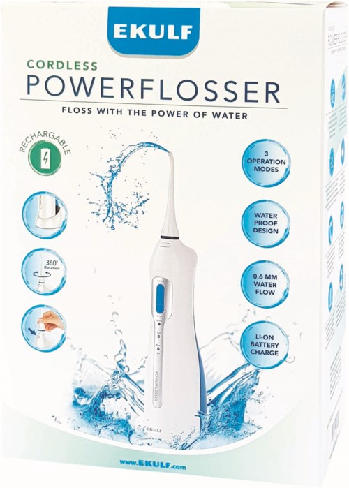 White water flosser with blue details, water splash illustration, and branding on the box.