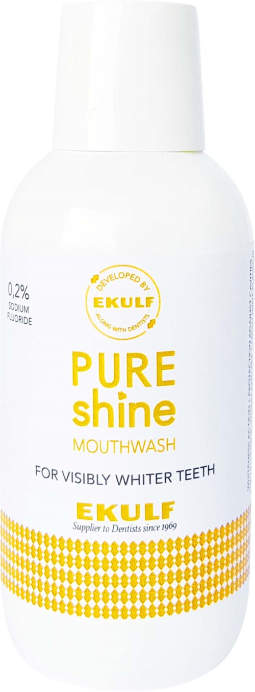 Eine weiße Flasche mit Mundspülung, beschriftet 'Pure Shine' mit gelbem Text und Mustern, für weißere Zähne.