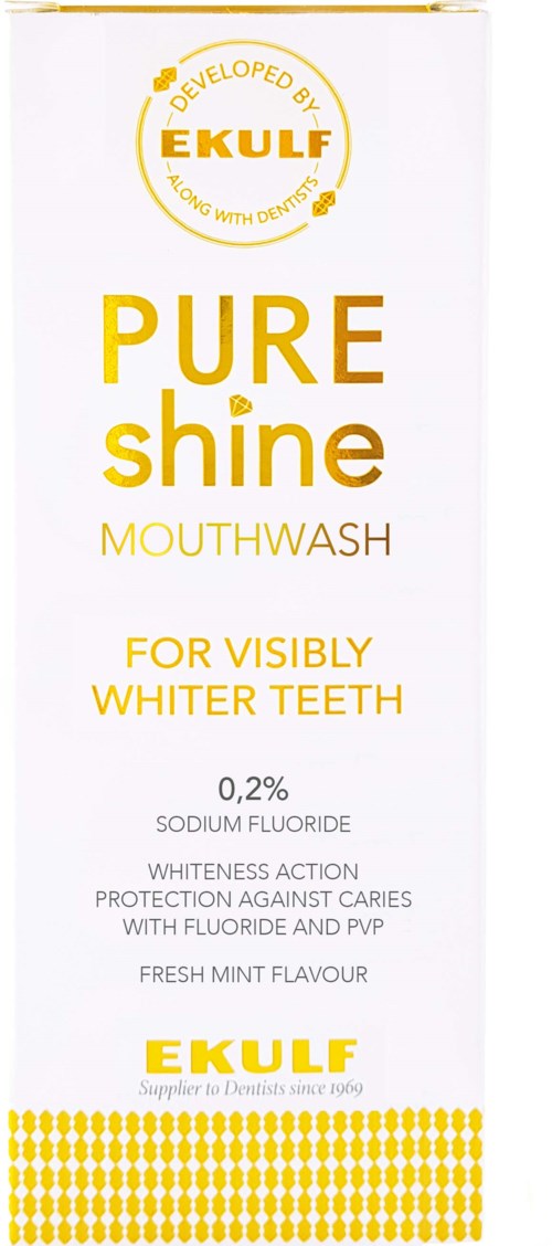 Das Bild zeigt eine weiße Zahnpastabox mit gelber Schrift, 'Pure Shine', für strahlendere Zähne und Fluorid.