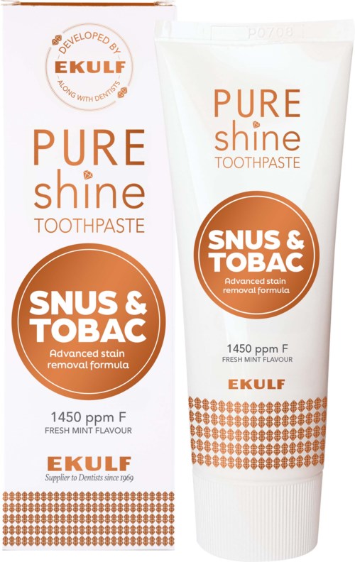 Tandkrämstubbar och förpackning med text som nämner 'Pure Shine', 'Snus & Tobac', och 'Advanced stain removal'.