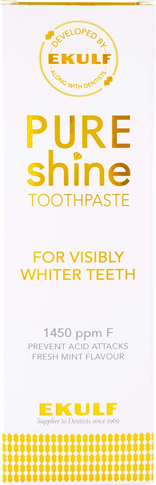 A white toothpaste box with yellow text, brand name Ekulf, promoting whitening teeth with mint flavor.