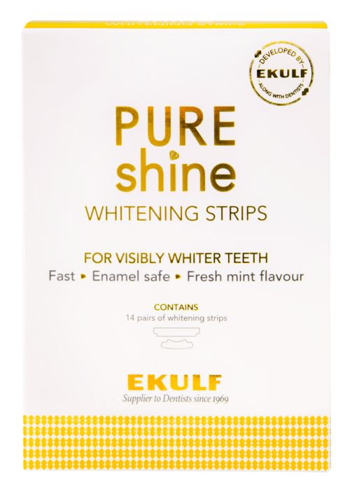 White box with yellow and black text, contains 14 whitening strips for teeth, brand EKULF, safe and mint flavor.