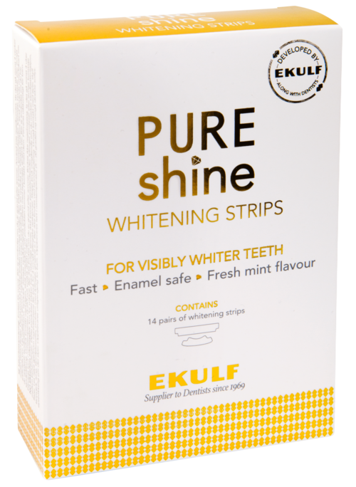 A box called 'Pure Shine' whitening strips for teeth, with key features like fast action and mint flavor, containing 14 strips.