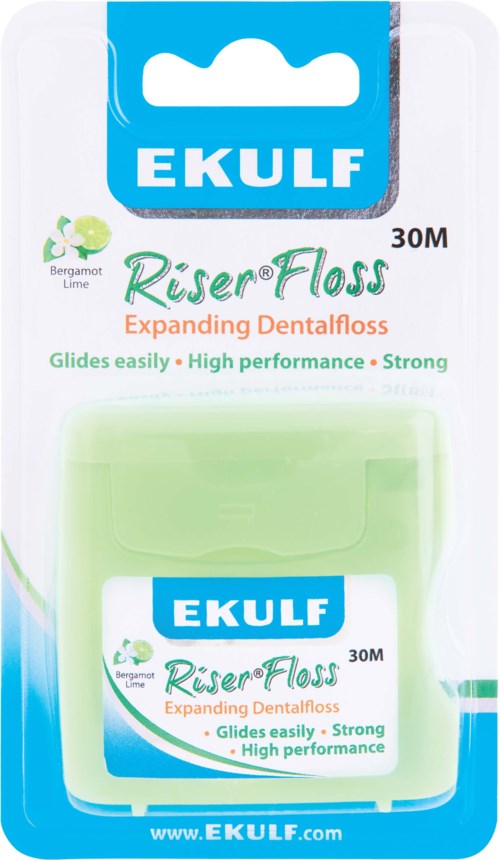 En tanntrådholder fra EKULF med grønt floss, merket som Riser Floss med bergamott lime-duft, 30 meter langt.