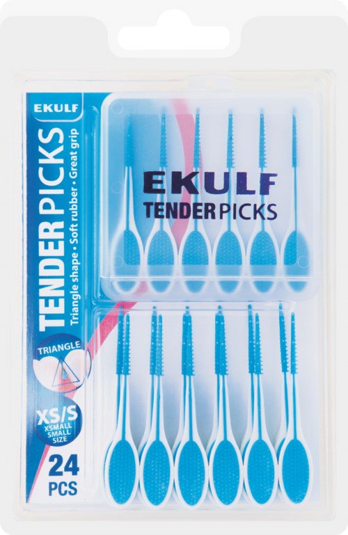 A box contains 24 small triangle-shaped dental picks with blue handles for cleaning teeth.