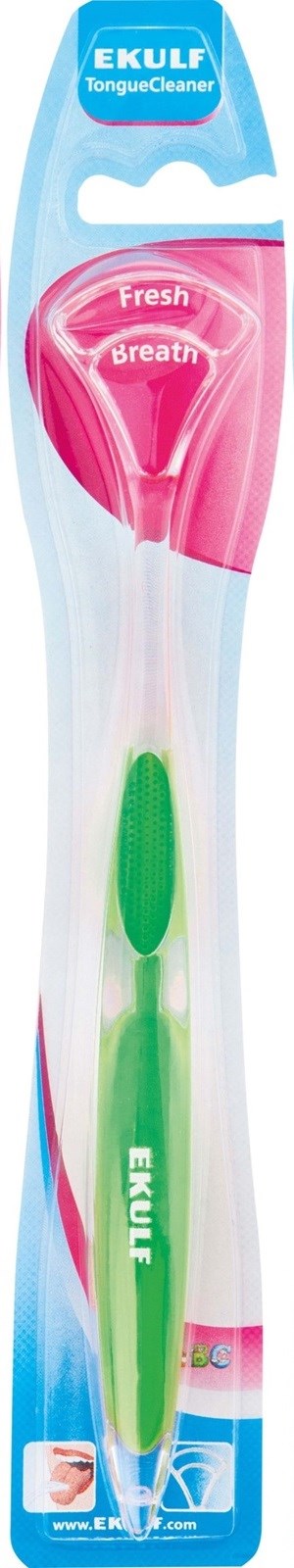 A toothbrush with pink and green colors, labeled 'Fresh Breath', in packaging. It is for cleaning teeth.
