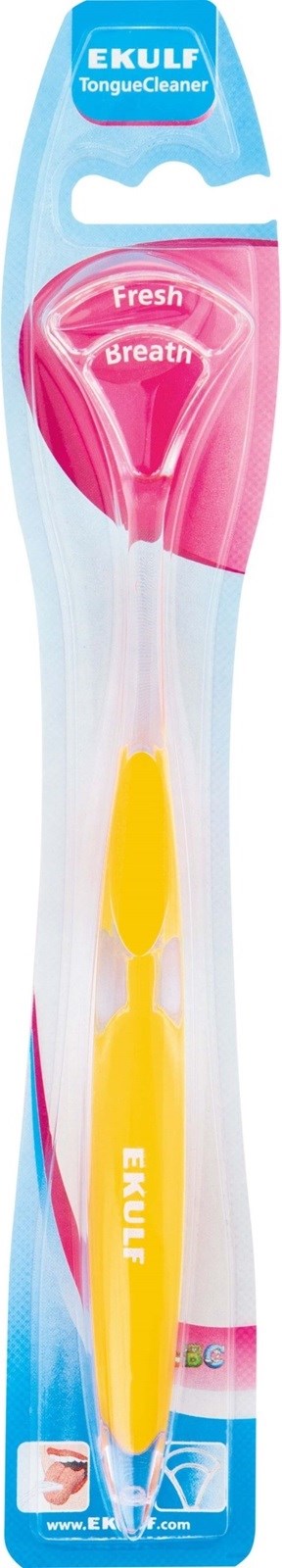 A pink and yellow toothbrush in plastic packaging with words "Fresh Breath" and "EKULF".