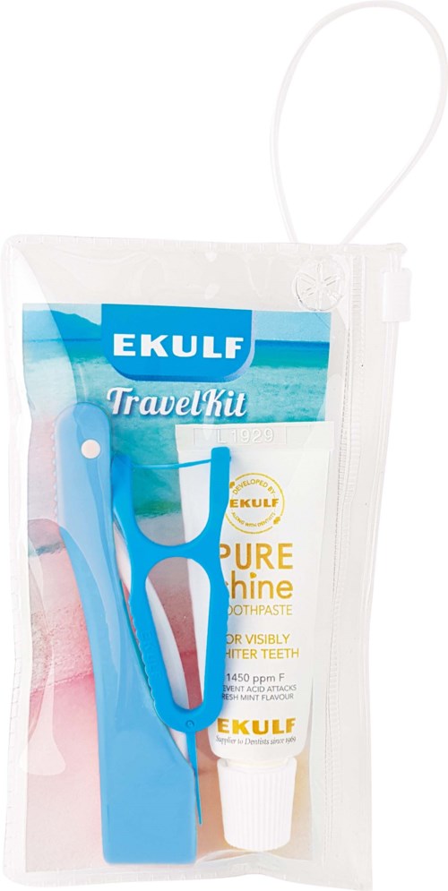 A travel kit with a toothbrush, toothpaste, and a blue toothbrush holder in a plastic bag.