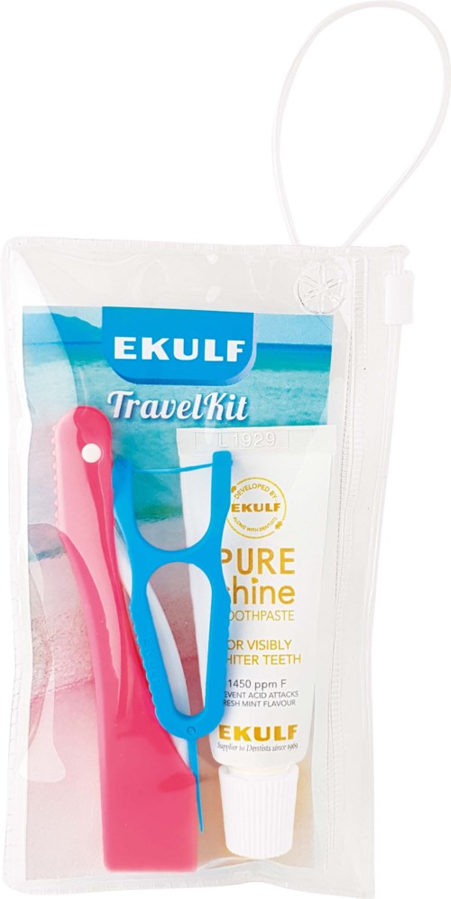 Travel kit includes a pink toothbrush, blue floss pick, and toothpaste in a clear bag.