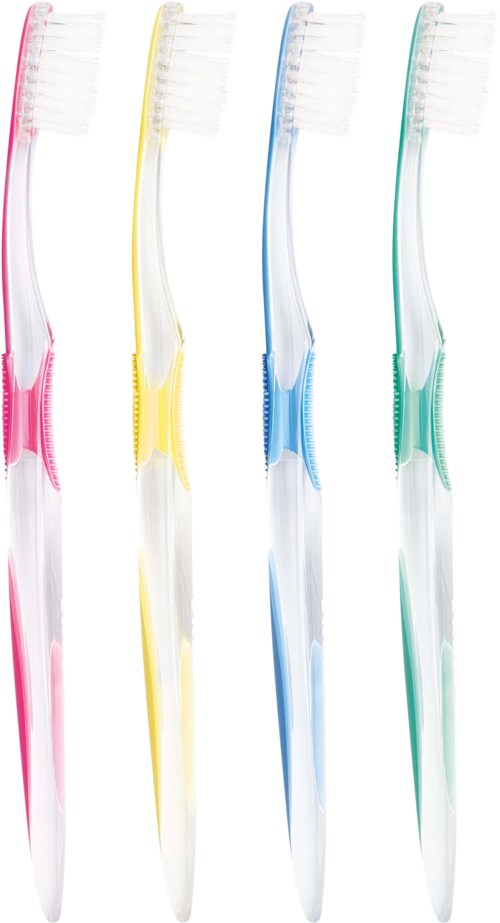 Fünf Zahnbürsten in verschiedenen Farben: Pink, Gelb, Blau, Türkis und Grün, vertikal angeordnet.