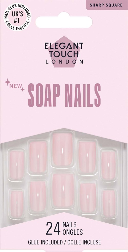 A packaging of soap nails, 24 artificial nail tips in pink color, for nail decoration, with glue included.