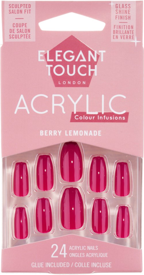 Pink packaging for Elegant Touch acrylic nails in berry lemonade color with 24 nails, glue included.