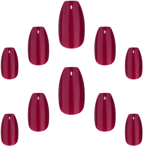 Ten maroon nail polish bottles arranged in a pattern with some larger and smaller bottles.