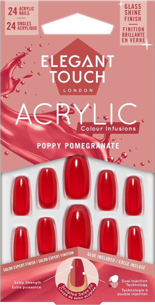 A package of 24 red acrylic nails with a poppy pomegranate design, glossy finish, and extra strength technology.