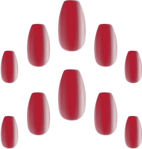 Red nail polish bottles arranged in a pattern on a white background.