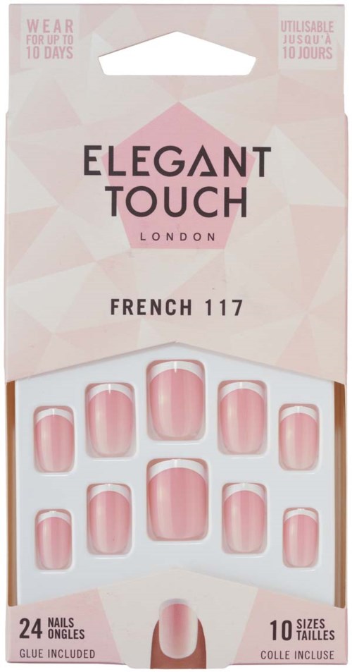 A box of 24 pink press-on nails with 10 different sizes, labeled 'Elegant Touch London' for up to 10 days wear.