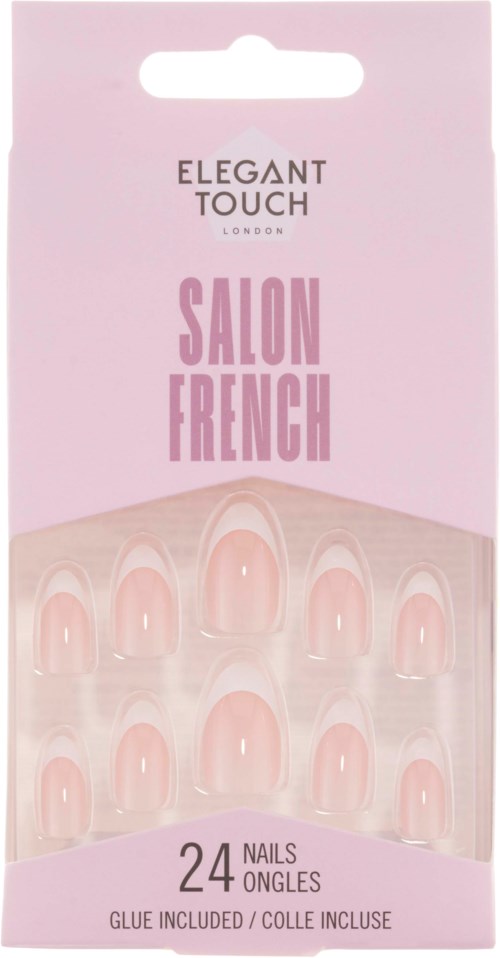 Pink packaging for fake nails called Salon French, with 24 nails and glue included.