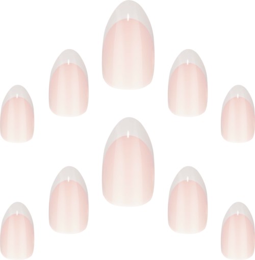 Multiple artificial nails with a clear base and white tips arranged on a white background.