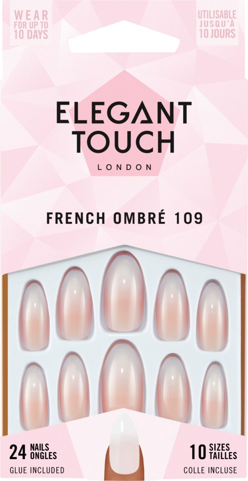 A nail product package showing 10 false nails, pink and white, with text about product details and features.