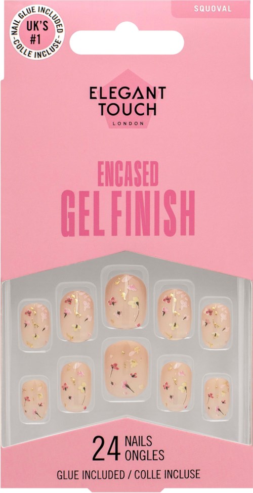 Pink packaging for fake nails, 24 pieces, called Enclosed Gel Finish, with a clear plastic window showing the nails.