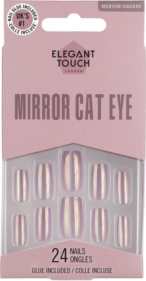 A box of 24 mirror cat eye nails with a pink and purple design, labeled 'Elegant Touch'.