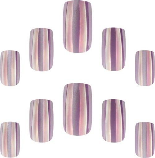 Nail polish with purple, pink, and beige stripes arranged in a pattern on nails.