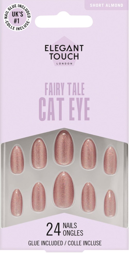 A package of 24 artificial nails with a fairy tale cat eye design in a pinkish shimmer.