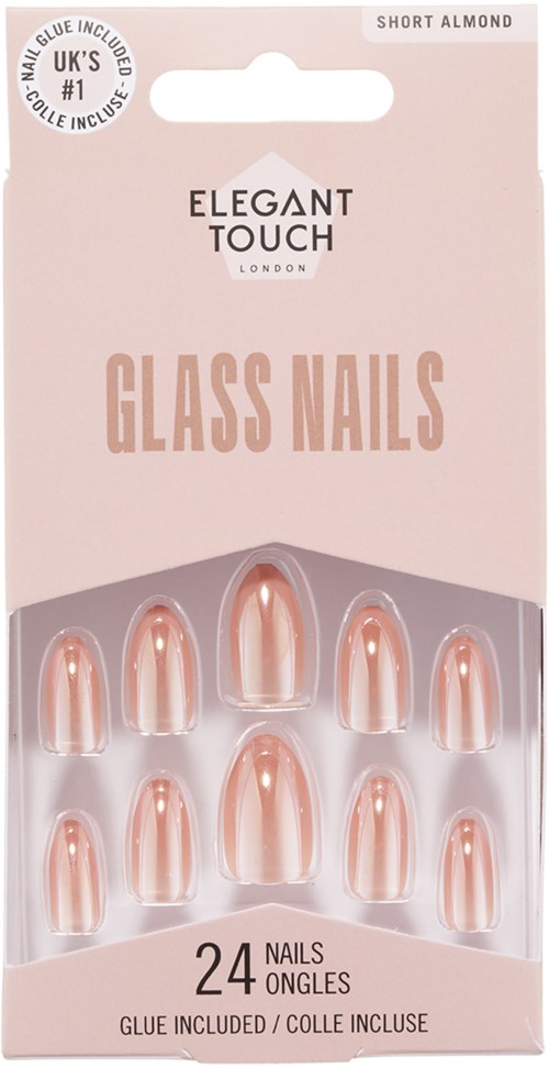 Box of 24 short almond glass nails for false nails, with glue included.