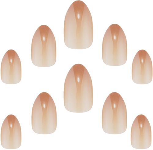 Multiple artificial nails with a gradient beige color and glossy finish arranged in a pattern.