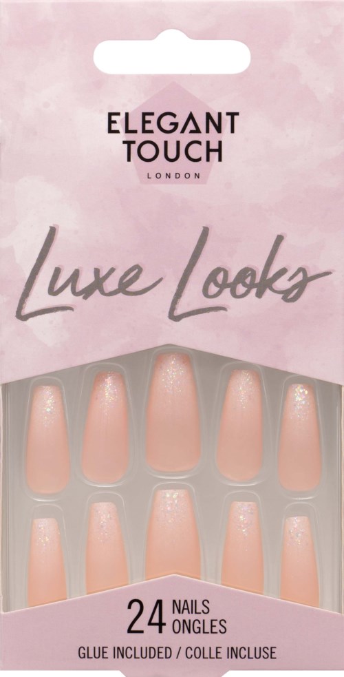 A box of 24 fake nails with sparkly tips, labeled 'Luxe Looks' and 'Elegant Touch London.'