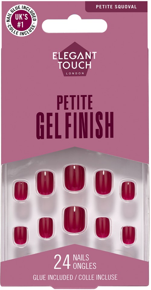 Package of 24 small red gel nails with glue included, branded Elegant Touch, London, for a short size.