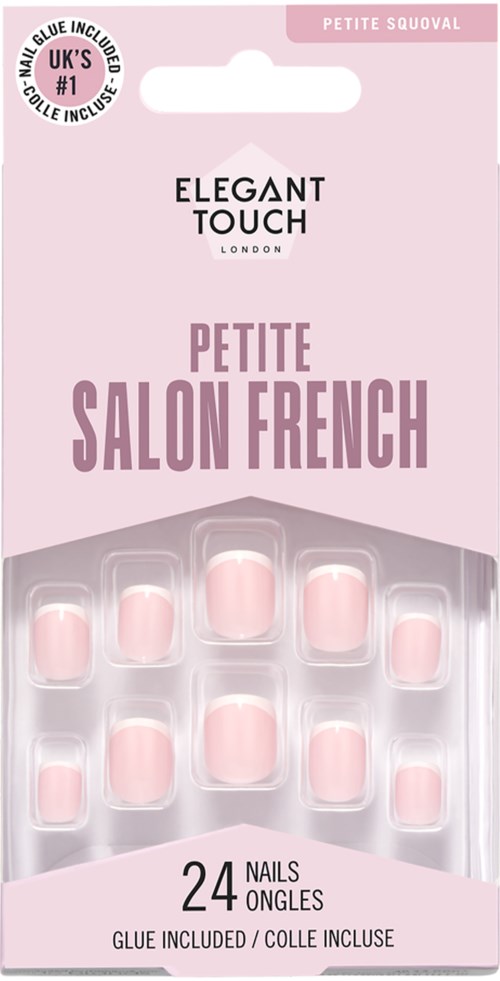 Small, pink, artificial nails in a package labeled "Petite Salon French" by Elegant Touch London.