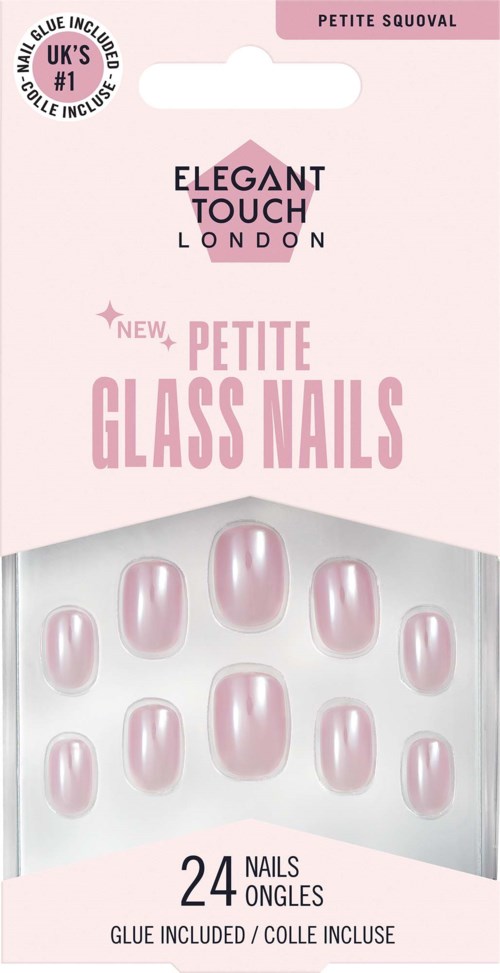 Pink and white packaging for Petite Glass Nails, including 24 nails with glue, from Elegant Touch London.