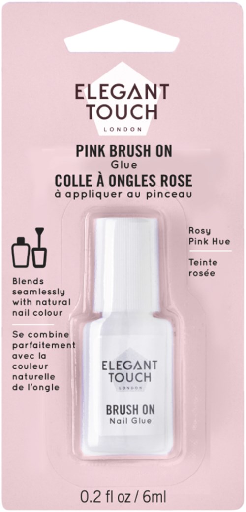 A pink nail glue bottle in packaging with brand name Elegant Touch and product details.