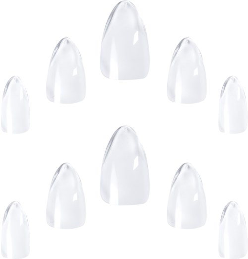 A set of clear, fake nails with different sizes, arranged in a semi-circle on a white background.