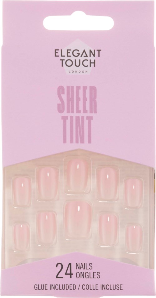 Packaging for nail polish with 24 pink gel nail tips and the label 'Elegant Touch Sheer Tint.'
