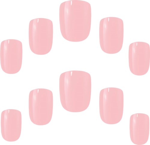 A set of pink artificial nails arranged in a circle with some space between each.