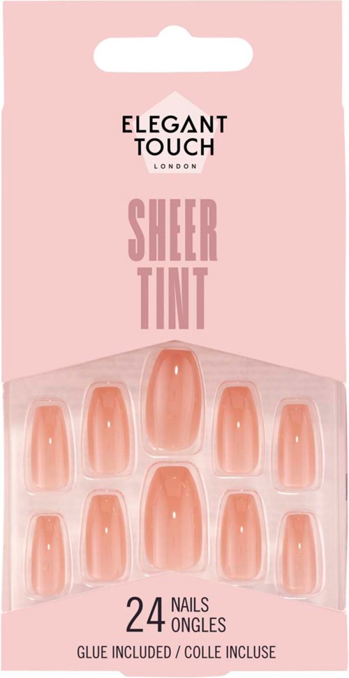 Pink nail tips with 24 nails, ready to be glued, on a pink package labeled 'Sheer Tint' from Elegant Touch.