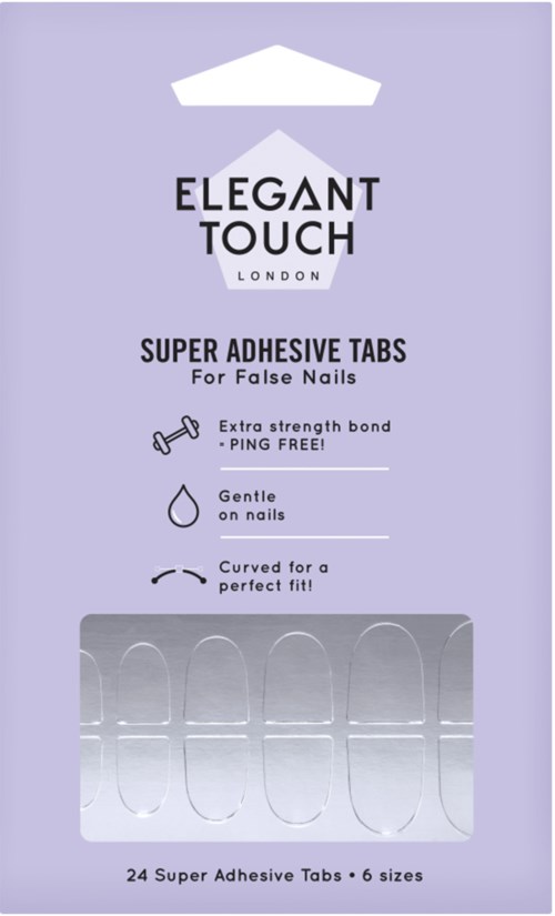 Purple package with brand name 'Elegant Touch London' and 24 adhesive tabs for false nails, in 6 sizes.