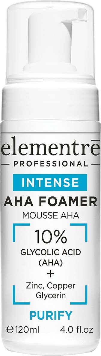 Eine weiße Flasche mit Pumpkopf enthält Elementre Professional Intense AHA Foam, mit 10% Glykolsäure für die Hautreinigung.