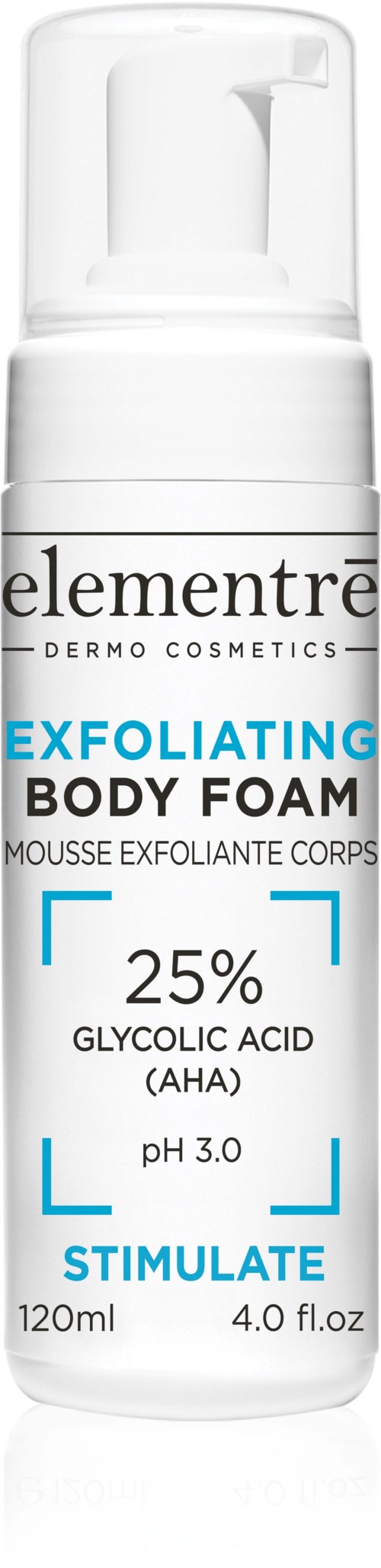 Eine weiße Flasche mit dem Label 'Elementré Exfoliating Body Foam' enthält 25% Glycolsäure und pH 3,0, zur Hautabschleifung.