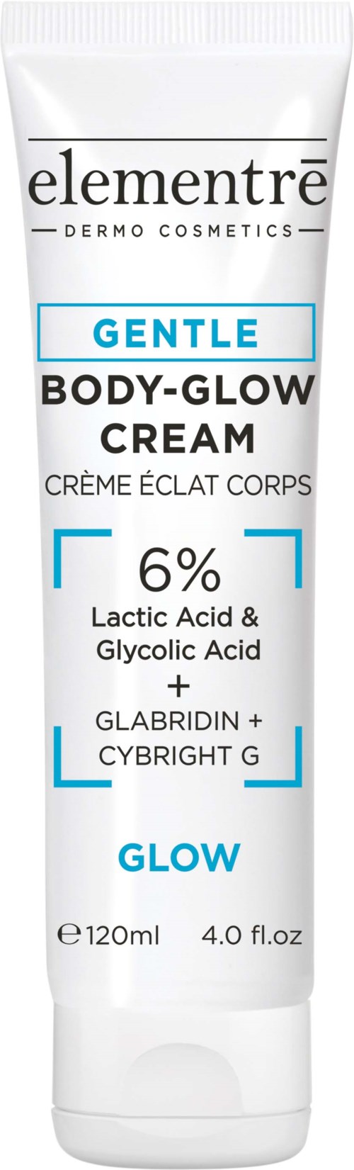 Weiße Tube mit Körper-Glow-Creme, blauer und schwarzer Text, bezeichnet 'elementré GENTLE BODY-GLOW CREAM' und Zutaten aufgelistet.