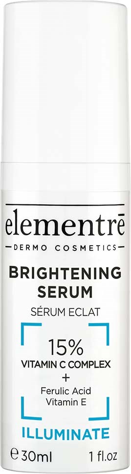 Eine weiße Flasche mit schwarzem Text, bezeichnet als Elementre Brightening Serum, mit Vitamin C, E und Ferulic Acid.