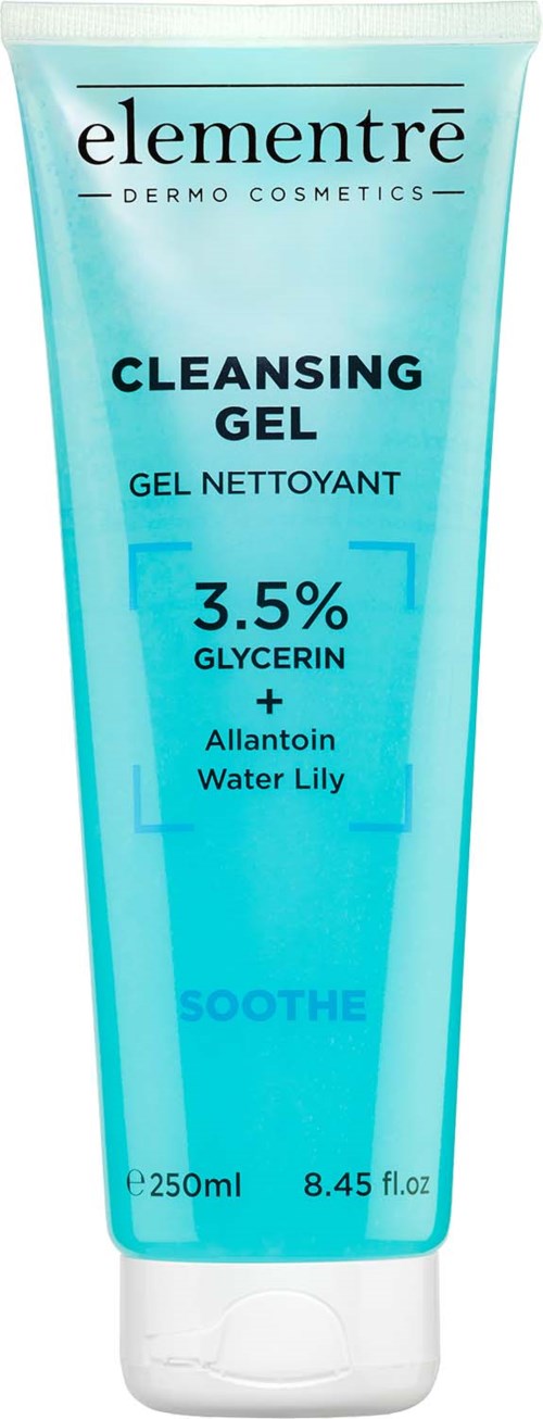 Eine blaue Tube mit Elementrè Reinigungsgel, enthält Glycerin, Allantoin, Wasserlilie, verspricht die Haut zu beruhigen.