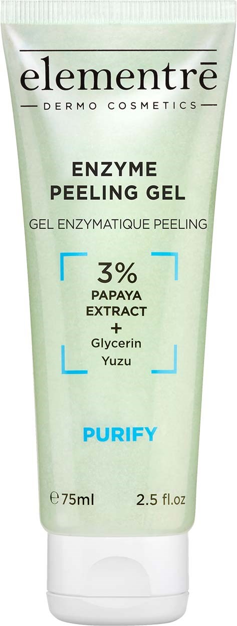 Eine Tube Enzym Peeling Gel mit Inhaltsstoffen wie Papaya, Glycerin und Yuzu, mit der Beschriftung 'Purify' und 75ml.