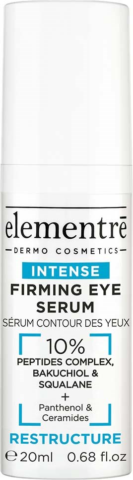 Ein weißer Kosmetikbehälter mit der Aufschrift 'Elementre Intense Firming Eye Serum' mit Details zu Inhaltsstoffen und Volumen.