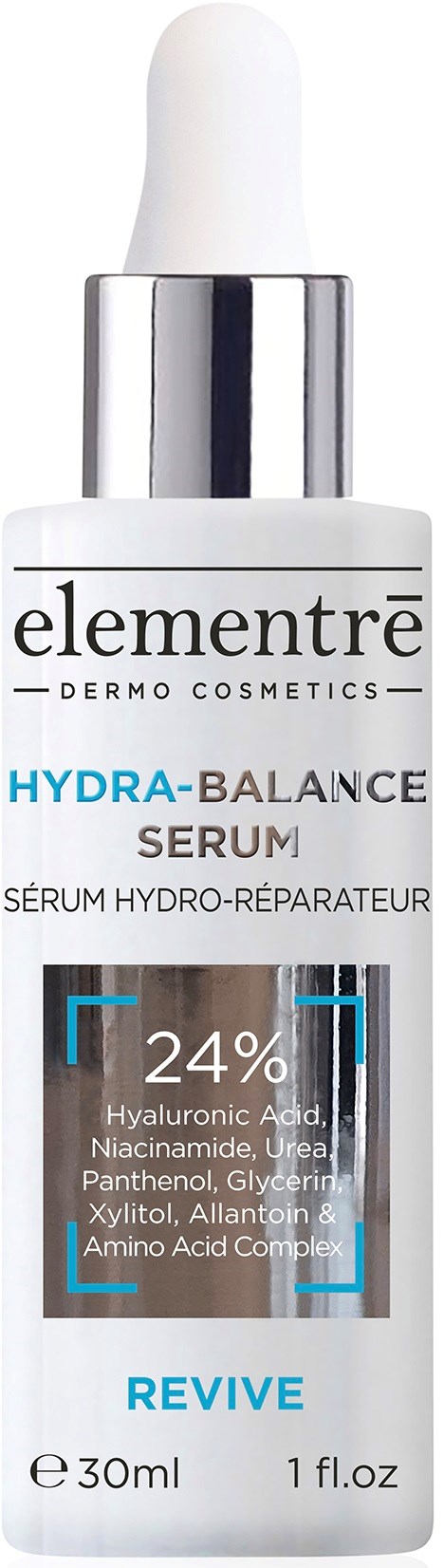 Een wit en zilveren flesje met pipetdop voor hydra-balance serum, gelabeld met ingrediënten en merknaam.