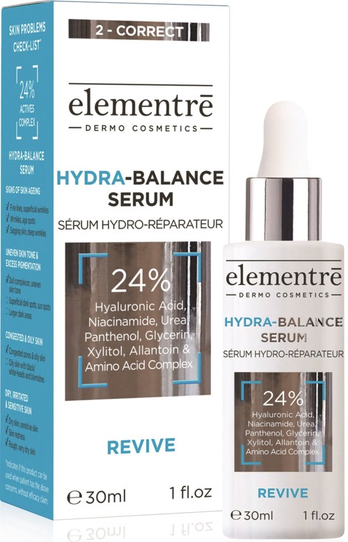 Doos met Elementre Hydra-Balance Serum en druppelflesje ernaast, met 24% hyaluronzuur.