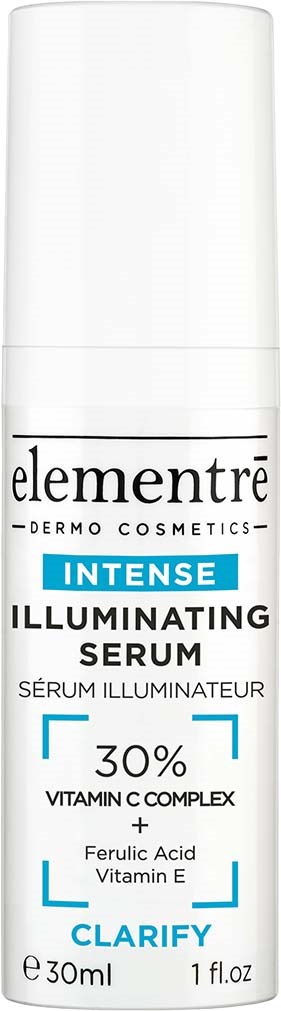 Eine weiße Flasche mit 'elementre' Beschriftung, die ein aufhellendes Serum für die Haut zeigt. Es erwähnt Vitamin C und Ferulic Acid.